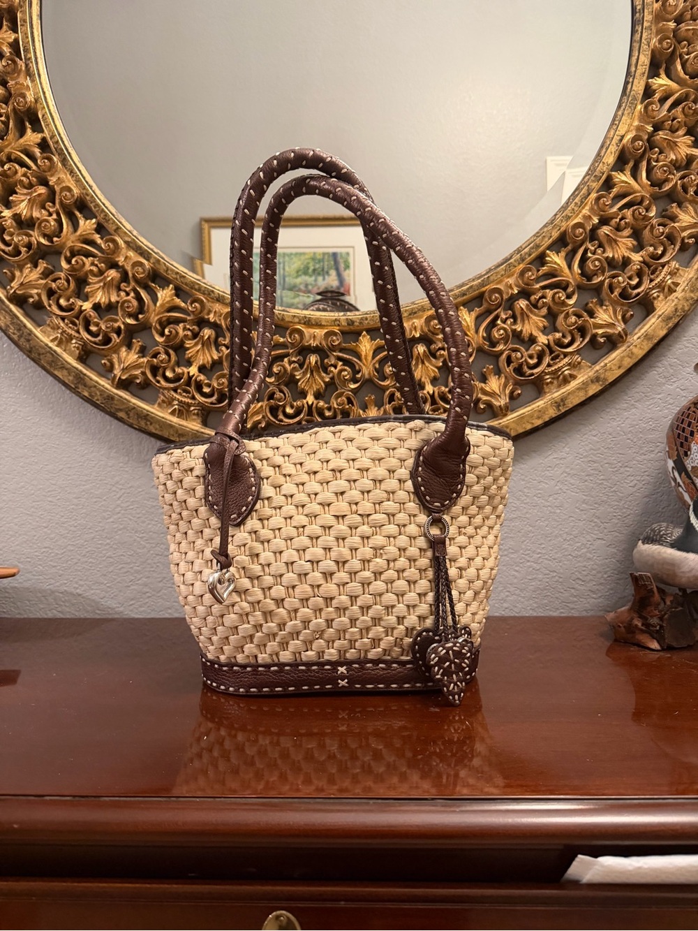 Brighton Beige Woven Tote with Brown Leather Trim and Heart Charm